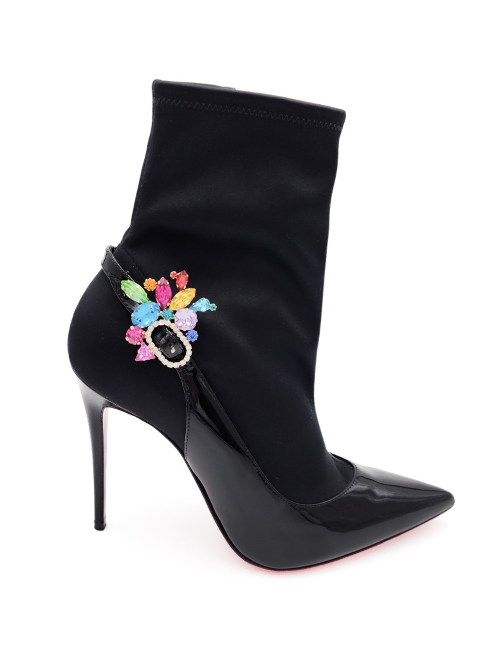 Christian Louboutin Jessie Joli Crystal Satin Black Patent Leather Bootie EU 37